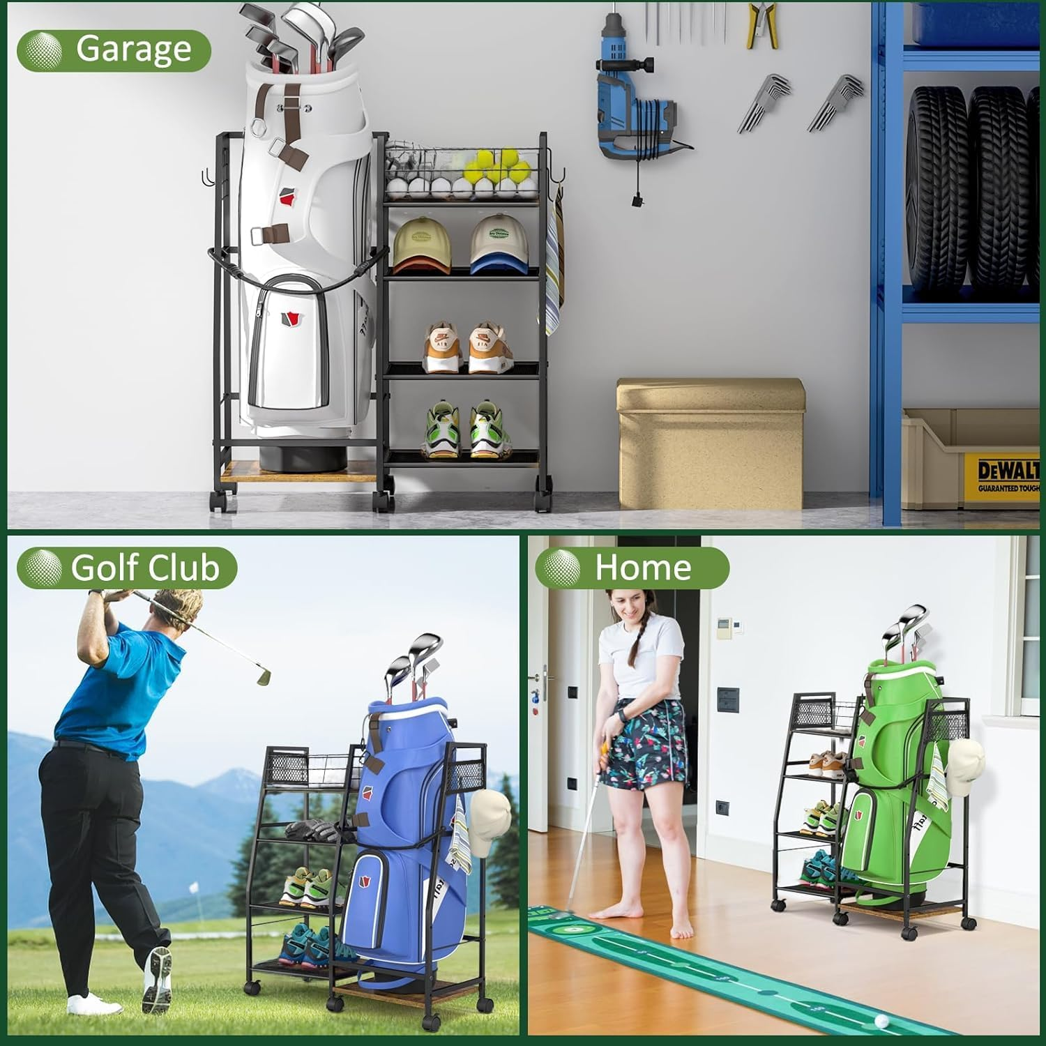 RHSTAO Golf Bag Garage Storage Rack with Wheels, Organizer for Single Golf Bag and Equipment Accessories, Ideal for Home, Garage, Club, Shed, Basement - Sturdy Wood and Metal Construction image number 5