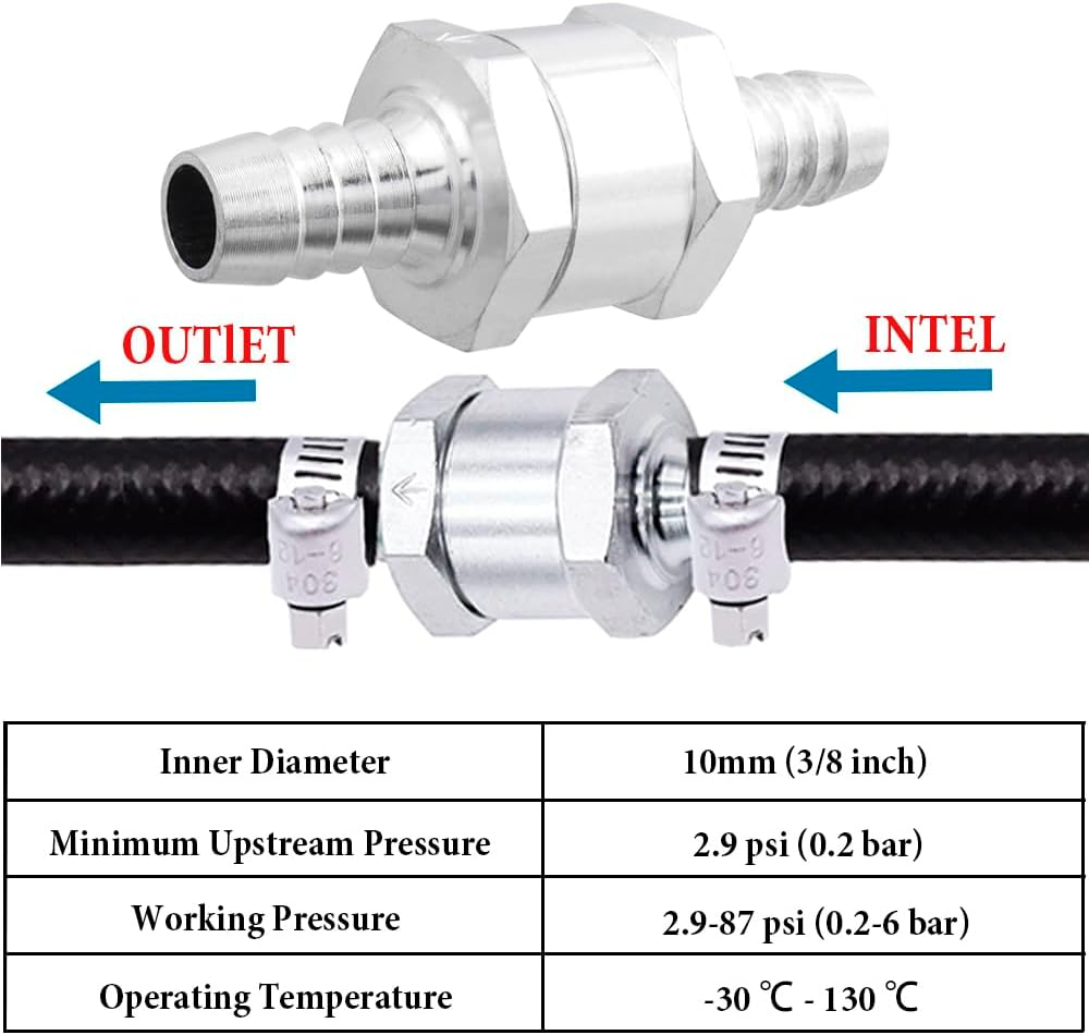 Yakamoz 2PCS Fuel Non Return One Way Check Valve, 3/8" 10Mm Aluminium Alloy Fuel Line Check Valve for Fuel, Oil, Petrol, Diesel, Water, Gasoline, Aluminium, Silver