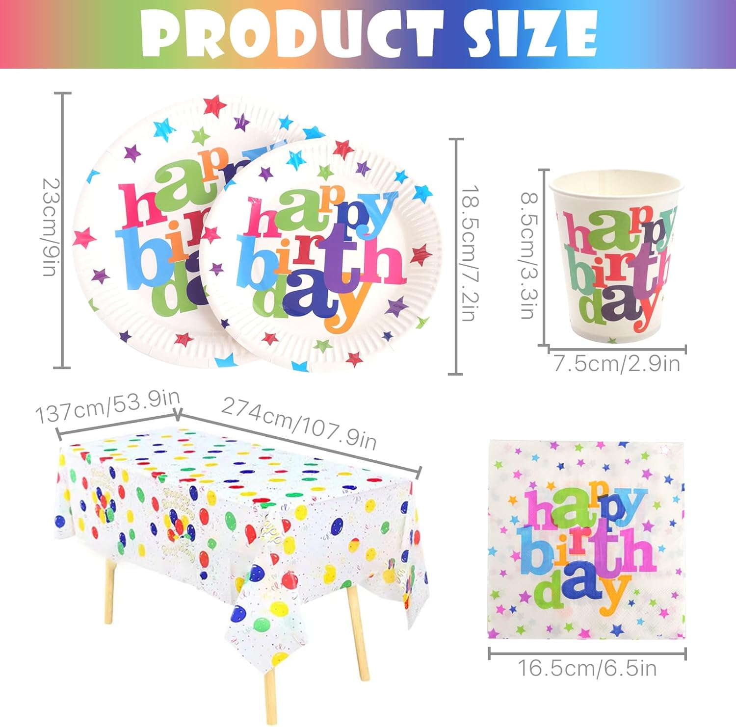 131 PCS Rainbow Birthday Party Tableware Set with Paper Plates Cups Napkins Tablecloth Rainbow Birthday Party Supplies Decorations for 30 Guests image number 3