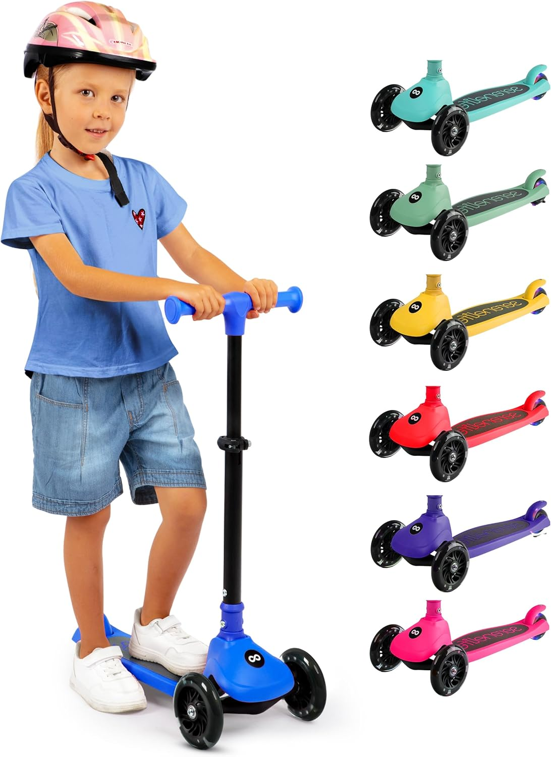 Serenelife 3 Wheel Scooter for Toddlers & Kids, Foldable Seat, LED Wheels, Adjustable Handlebar, Anti-Slip Deck, Rear Foot Brake, Lean-To-Steer, Kid Scooter Ages 18M&ndash;7Y, Supports up to 50 Kg.