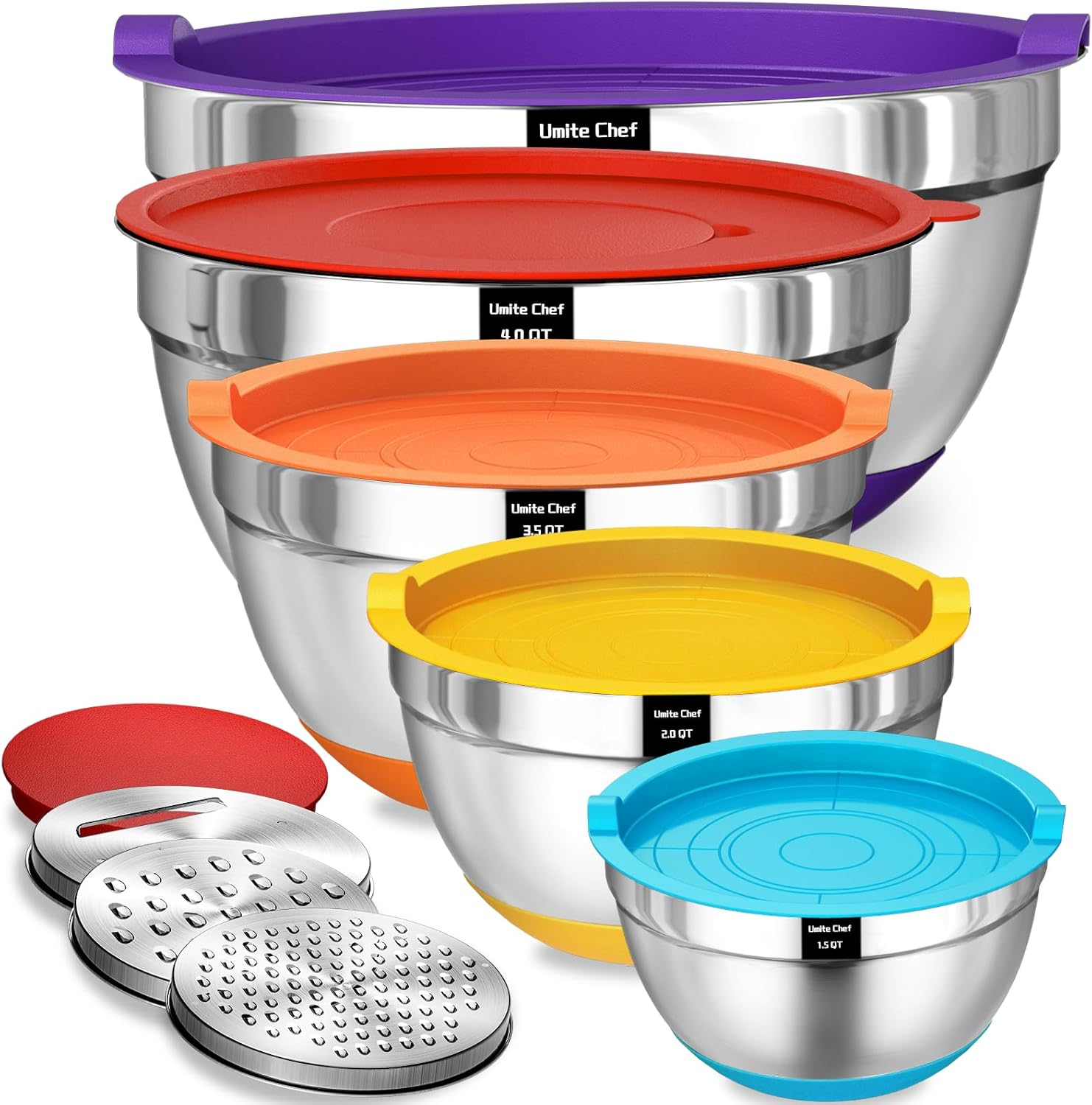 Umite Chef Mixing Bowls with Airtight Lids Set, 8PCS Stainless Steel Khaki Nesting Bowls with Grater Attachments, Kitchen Bowls with Non-Slip Bottoms, Size 5, 4, 3.5, 2, 1.5QT for Mixing & Serving