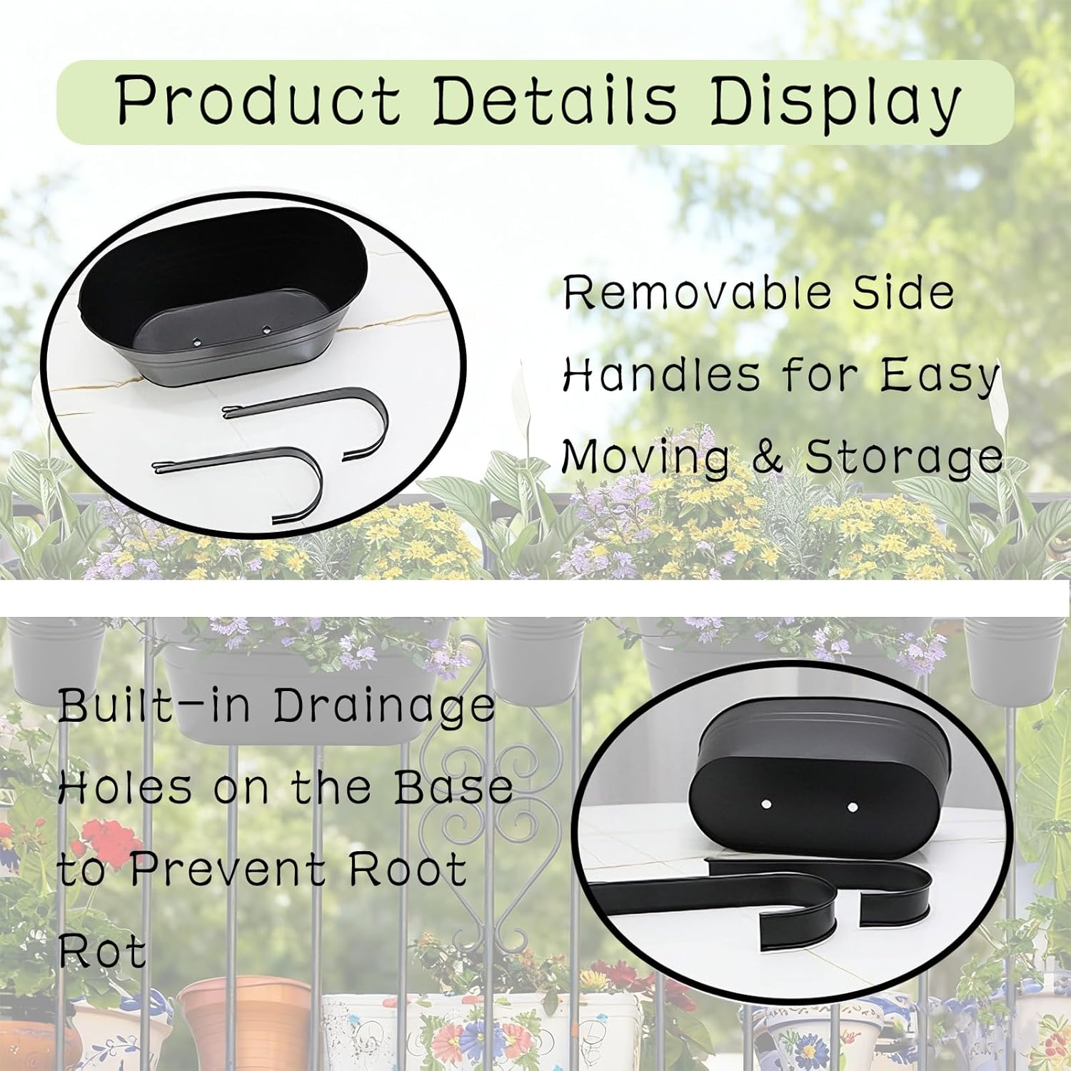 10.5 Inch Rust-Resistant Iron Suspended Planters with Railing Mount for Rustic Style Window Plant Holder Featuring Detachable Hooks, Easy to Install for Patio and Garden, 10.5 Inch, Black, 5 Pack image number 3