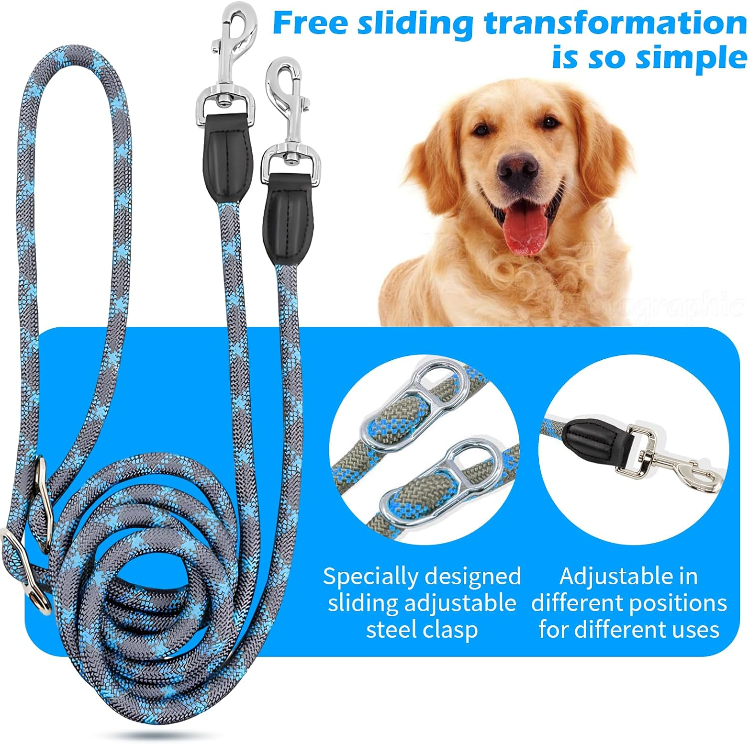 Multifunctional Dog Lead Hands-Free Dog Lead Strong Dog Training Lead 2.6 M Adjustable Dog Lead Double Lead Reflective Nylon Lead Pet Dog Lead for Walking, Running, Training image number 6