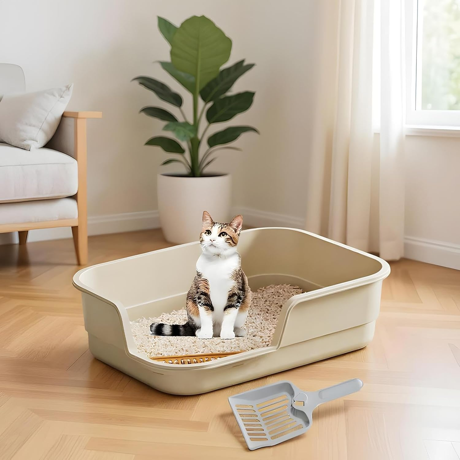 Cat Litter Box Large Easy to Clean with Shovel, Large Cat Litter Tray with Litter Protection for Seniors Pets and Kittens for Indoor Home Office Dorm Apartment Hotel Farmhouse Living Room - White image number 4