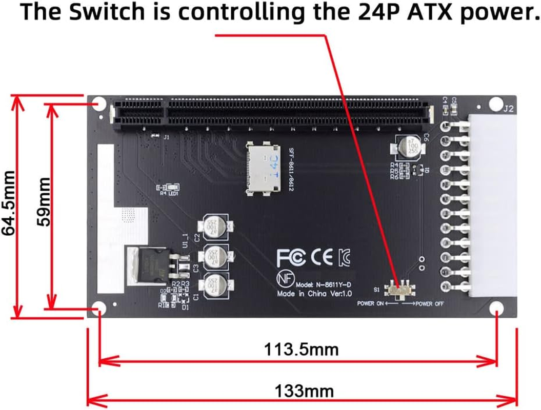 Cablecc 4X OCULINK SFF-8612 SFF-8611 to Pcie Pci-Express 16X Adapter with ATX 24-Pin Power Connector for Motherboard Graphics Card