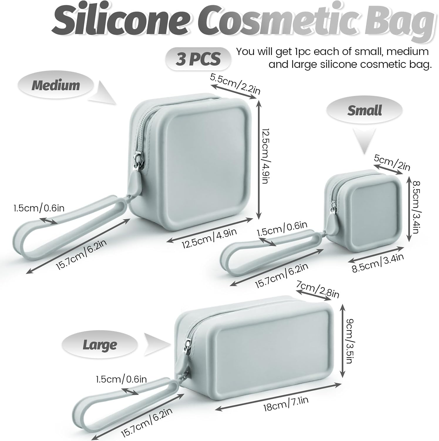 Diakey 3 Pack Silicone Makeup Bag, Soft Waterproof Travel Cosmetic Bag Make up Organizer Case with Hand Strap, Shatterproof Zipper Skincare Pouch Toiletry Bag for Women, Grey, Makeup Bag image number 6