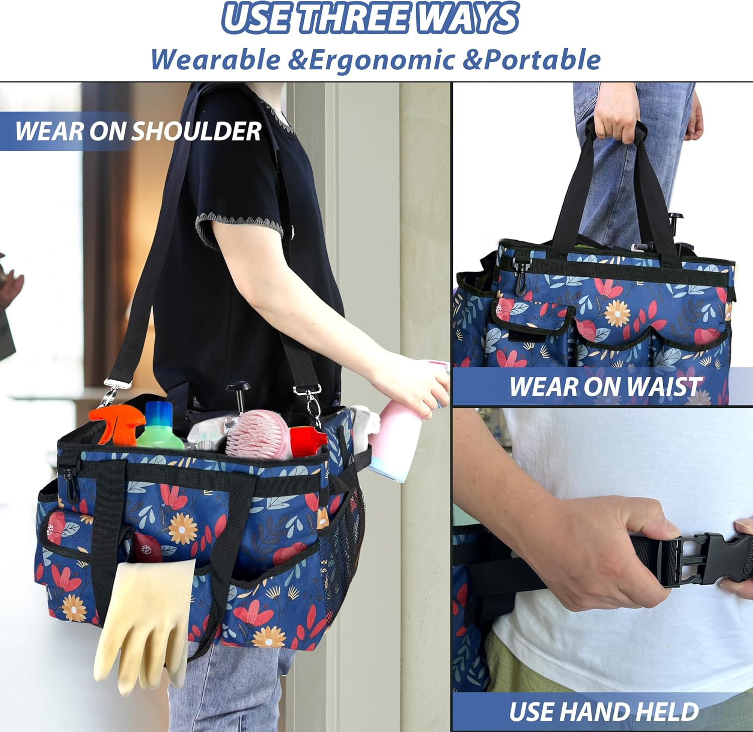 Cleaning Caddy Bag, Cleaning Caddy Organiser with Handle, Large Caddy Bag for Home, Car and Bathroom, Cleaning Supplies, Household Handbag with Adjustable Shoulder Straps (Blue) image number 6