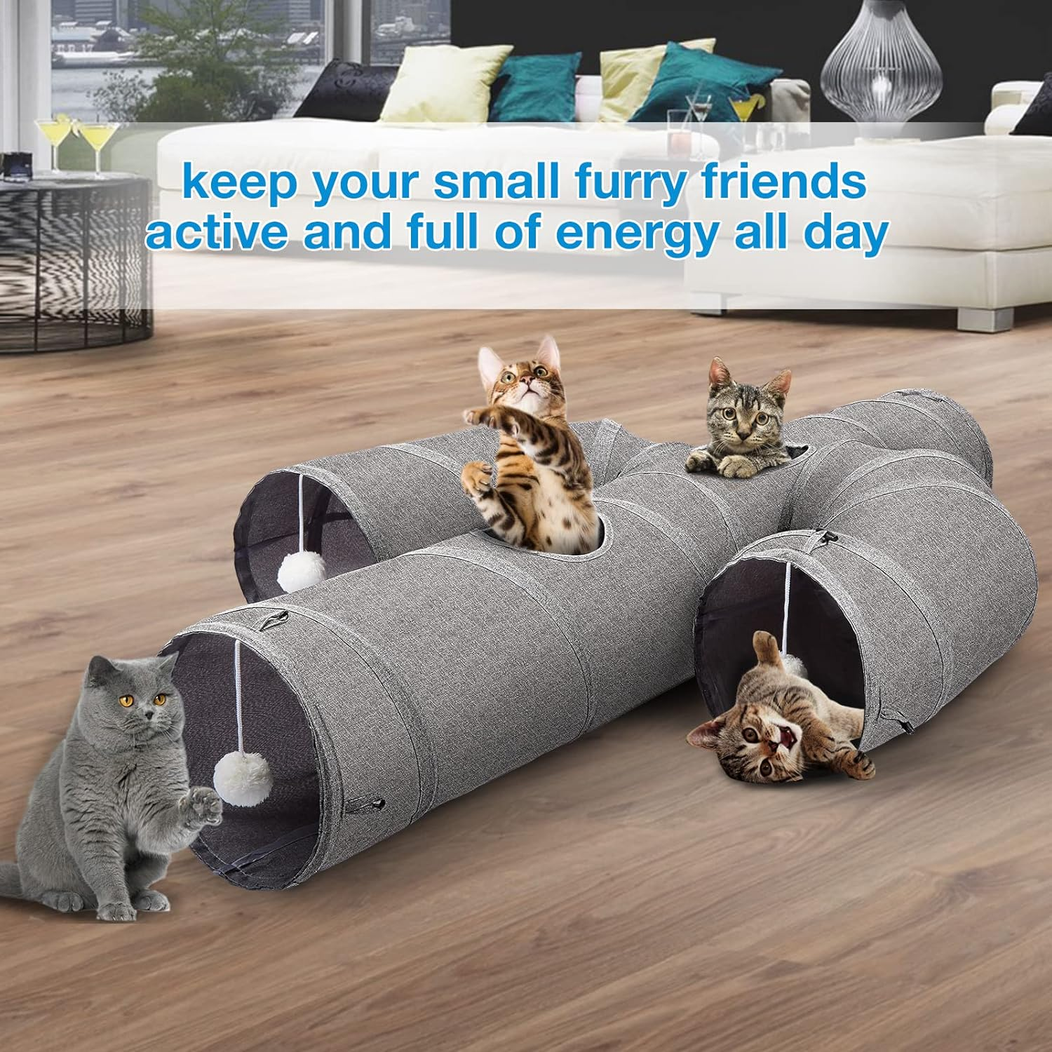 Ownpets Cat Tunnel Sturdy Oxford Fabric Cat Tunnel Toy, Cactus Shape Collapsible Cat Tunnels for Indoor Cats,Interactive Peek Hole Pet Tunnel Tube with Cat Wand Toy (Grey) image number 3