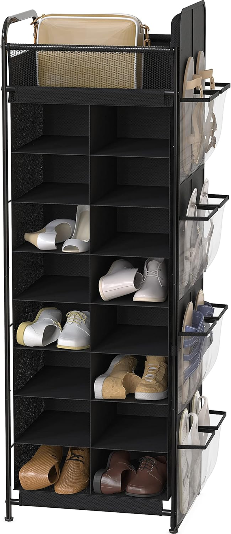 Simple Houseware 8 Tier Shoe Rack, 16 Cube with Top Shelf and Side Hanging Bag, Black
