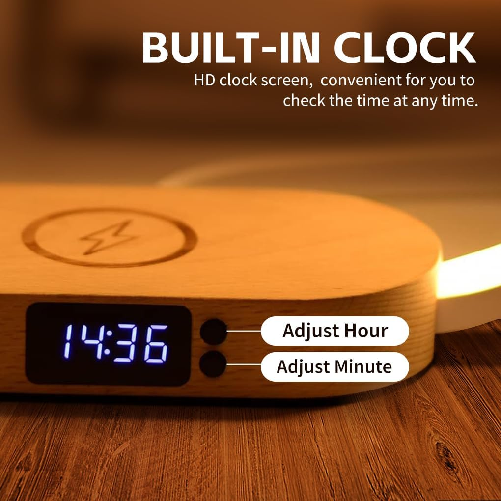 Clora Bedside Table Lamp with 10W Wireless Charger, Touch Control Dimmable 3 Color Temperatures LED Nighstand Light with USB Charging Port and Clock for Living Room Bedroom Office Home Decor Gift image number 2