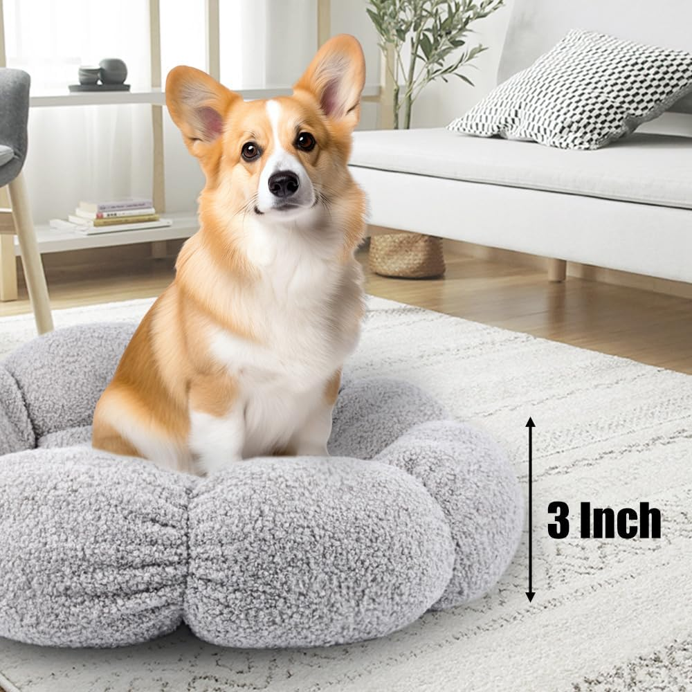 Calming Cat Beds for Indoor Cats Cute Flower Pet Beds in Teddy Sherpa Plush Non-Slip Dog Cat Beds Fits up to 15 Lbs Machine Washable Grey 20"