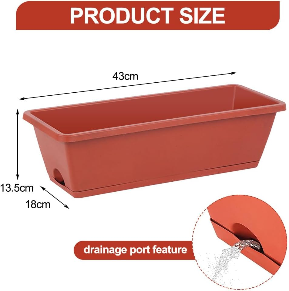 Springup Window Boxes Planters 6PCS Red Plastic Vegetable Flower Plots Boxes 43X13.5CM Large Rectangular Herb Planters with Tray Saucers for Indoor Outdoor Garden Patio Home Decor image number 3