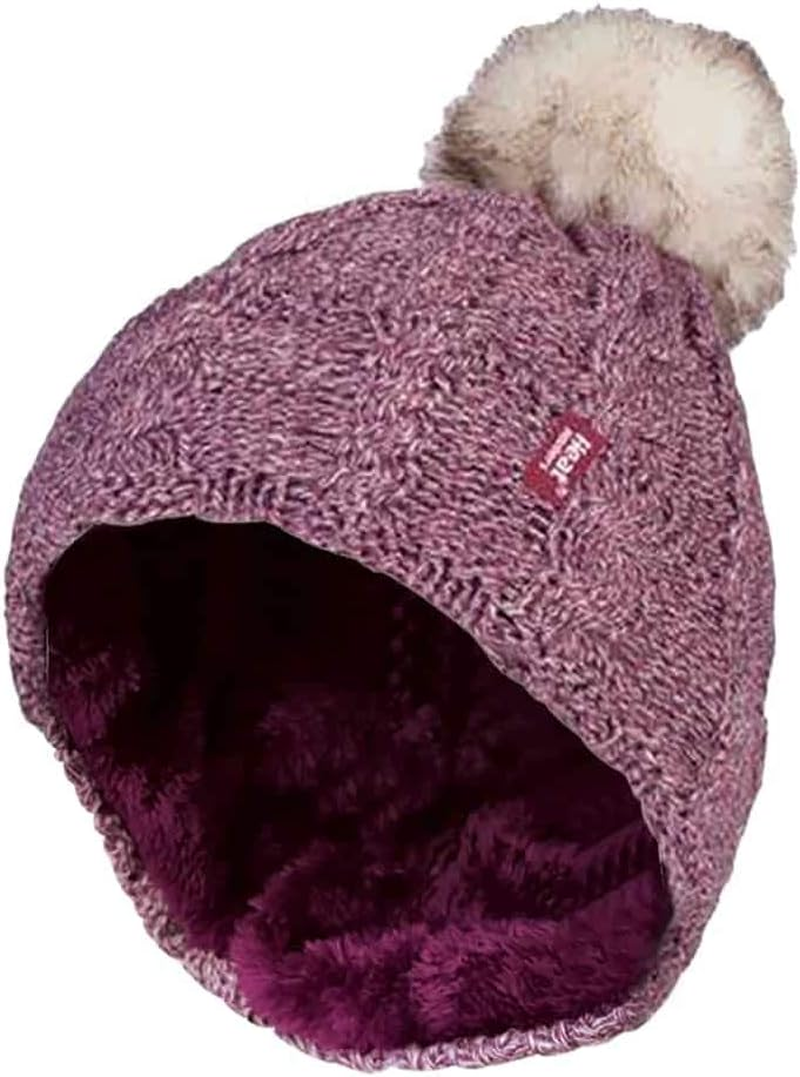 Heat Holders - Ladies Cable Knit Fleece Lined Thermal Winter Bobble Pom Pom Hat image number 1