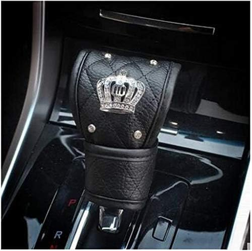 Uphily Black Leather Automotive Gear Shift Knob Cover - Car Interior Accessories Gear Shifter Cover with Bling Diamond Crystal Rhinestones for Women or Girls