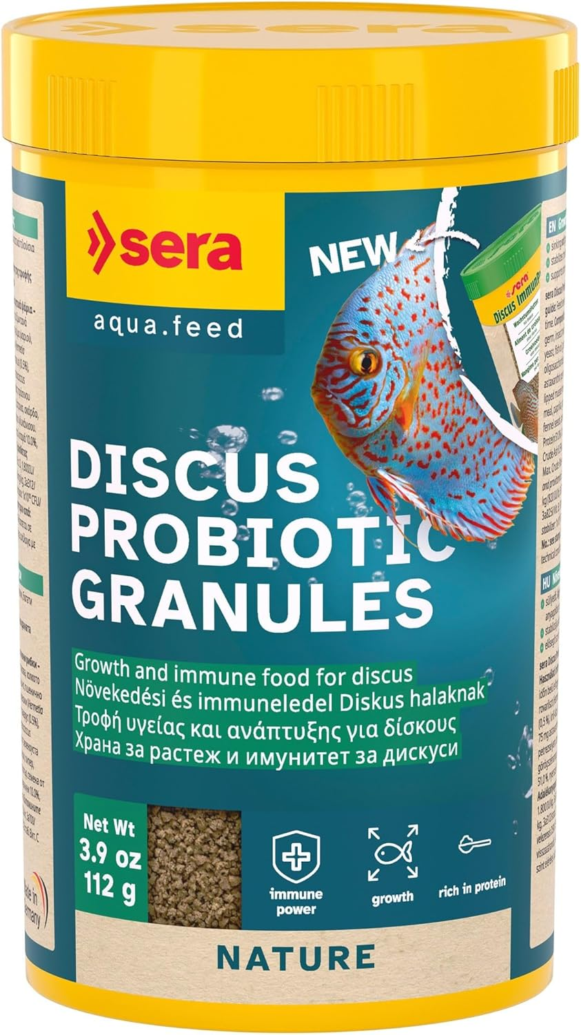 Sera Discus Probiotic Granules, Growth and Immune Staple Food, Slow-Sinking Soft Granules with Probiotic Bacteria, for Freshwater Aquariums, 250Ml (112G)