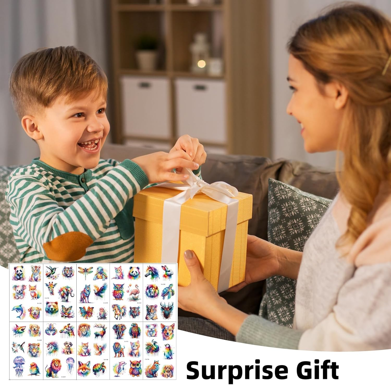 Pack of 10 Watercolour Animal Tattoos for Children, Waterproof Temporary Tattoos, Disposable Children'S Tattoos, Skin-Friendly, Adhesive Tattoos for Birthday Parties, Carnival Gifts, Classroom Rewards