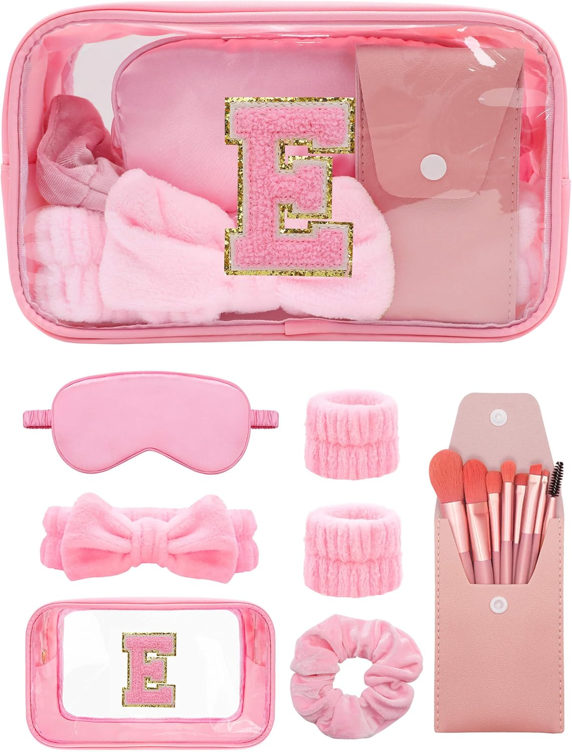 Gift Sets for Women, Initial Makeup Bag with Makeup Brush Set Bachelorette Party Favors, Pink Spa Kit with Skincare Headbands Wrist Bands Sleepover Party Supplies Gifts for Teen Girls Bridesmaid E image number 2