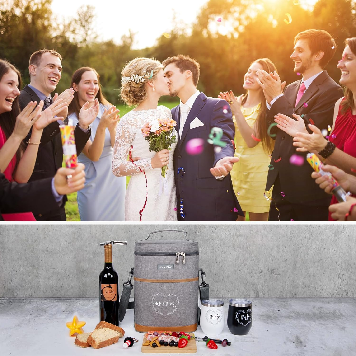 Hap Tim Wedding Gifts for Couples, Bridal Shower Gifts, Engagement Gifts for Newlyweds, Mr and Mrs Gifts - Wine Cooler Bag Insulated Wine Carrier Tote with Tumblers, Bamboo Cheese Borad (AU13624-G1)