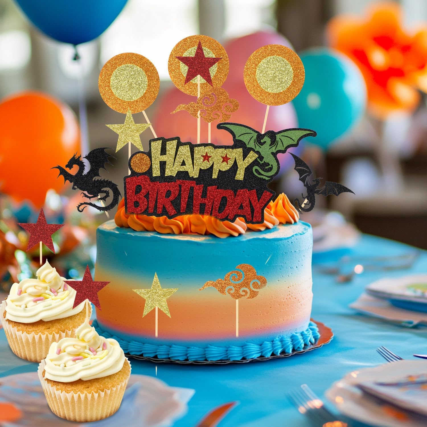 1Pc Cartoon Happy Birthday Cake Topper + 12Pcs Cupcake Toppers, Glitter Cake Topper Decorations Dragon Stars Circle Anime Cartoon Cupcake Picks for Themed Birthday Party Supplies Boys Girls image number 6