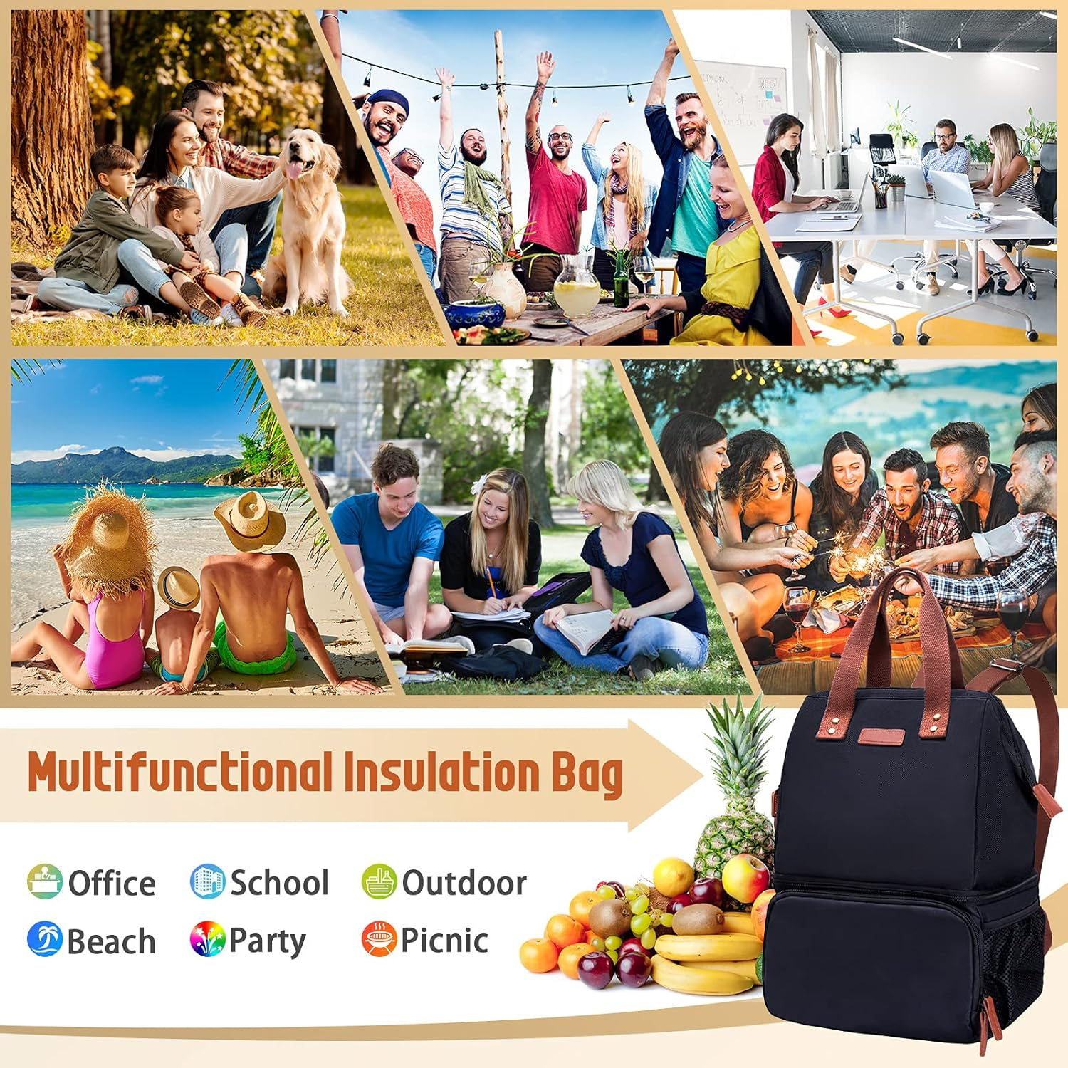 ZATOGOO Cool Bag Cool Backpack 20 L Double Layer Large Cool Bag Thermal Bag Picnic Bag Insulated Bag Waterproof Leak-Proof for Beach, Hiking, Family Trips Black image number 2