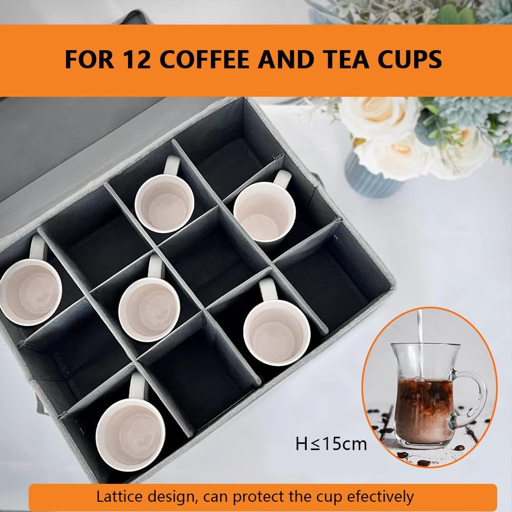 Stackable China Cup Storage Chest for 12 Mugs &ndash; Hard Shell Storage Case with Felt Dividers, Lid, Handles and Label Window &ndash; Ideal for Mugs, Coffee Cups, Tea Cups, and Glasses image number 6