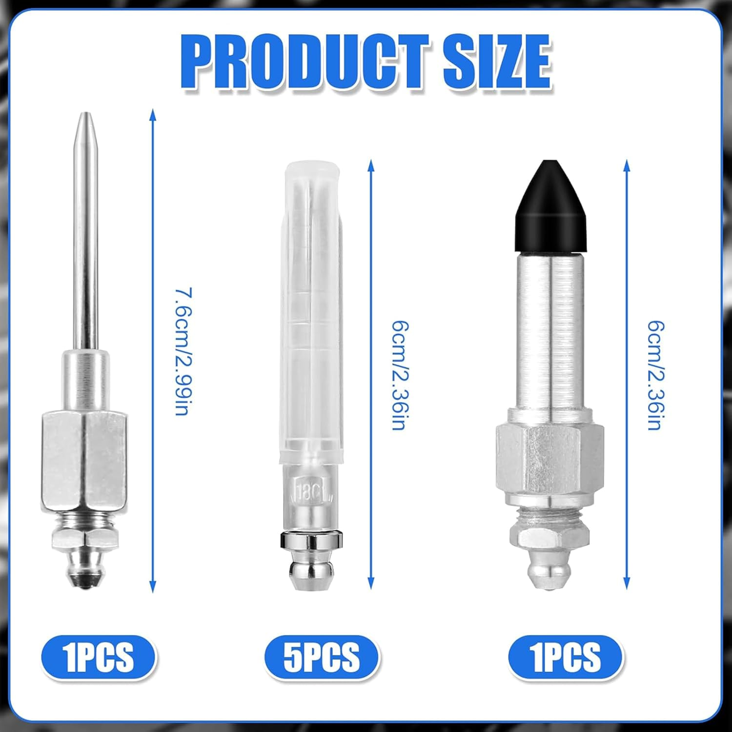 7Pcs Grease Needle Accessory Set - Includes 5 Grease Needle Nozzles, 1 Grease Needle Dispenser, and 1 Rubber Nipple Adapter - Perfect for Grease Dispensing and Injection Tool Gun Fitting image number 4