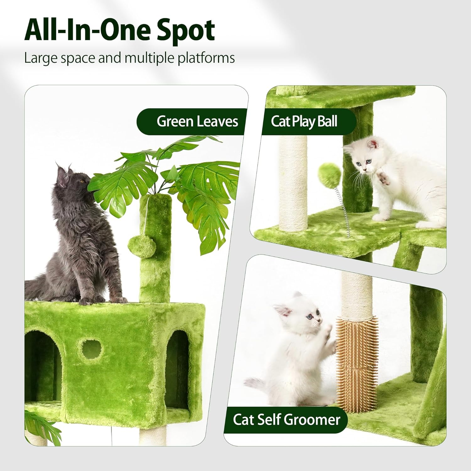 Meecal 65In Tall Cat Tree with Leaves for Indoor Cats, Green Cat Tower with Scratching Post,Hanging Hammock,Cozy Perch,Swing Ball,Self Groomer and Cat Ladder,Cat Tree Tower image number 4