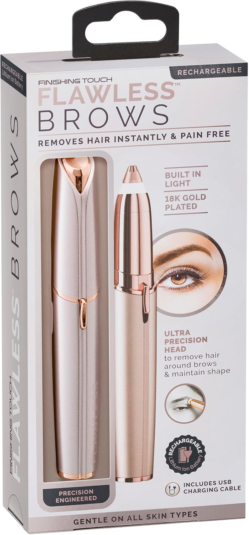 Finishing Touch Flawless Eyebrow Hair Trimmer - Brows (Battery) Generation 2 - Dermatologist Approved - No Redness, Nicks, or Cuts - 18K Gold-Plated Head - Built-In LED Light - Hair Removal - Blush. image number 1