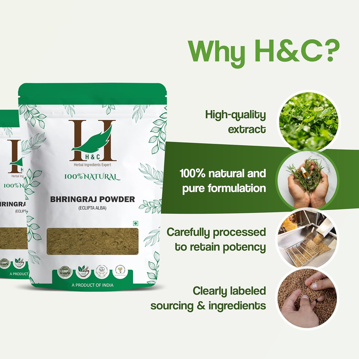 H & C- 100% Natural Bhringraj Powder for Hair (227G / 0.5 LB/ 240Ml) - Hair Growth Rejuvenator from Indian Ayurveda image number 4