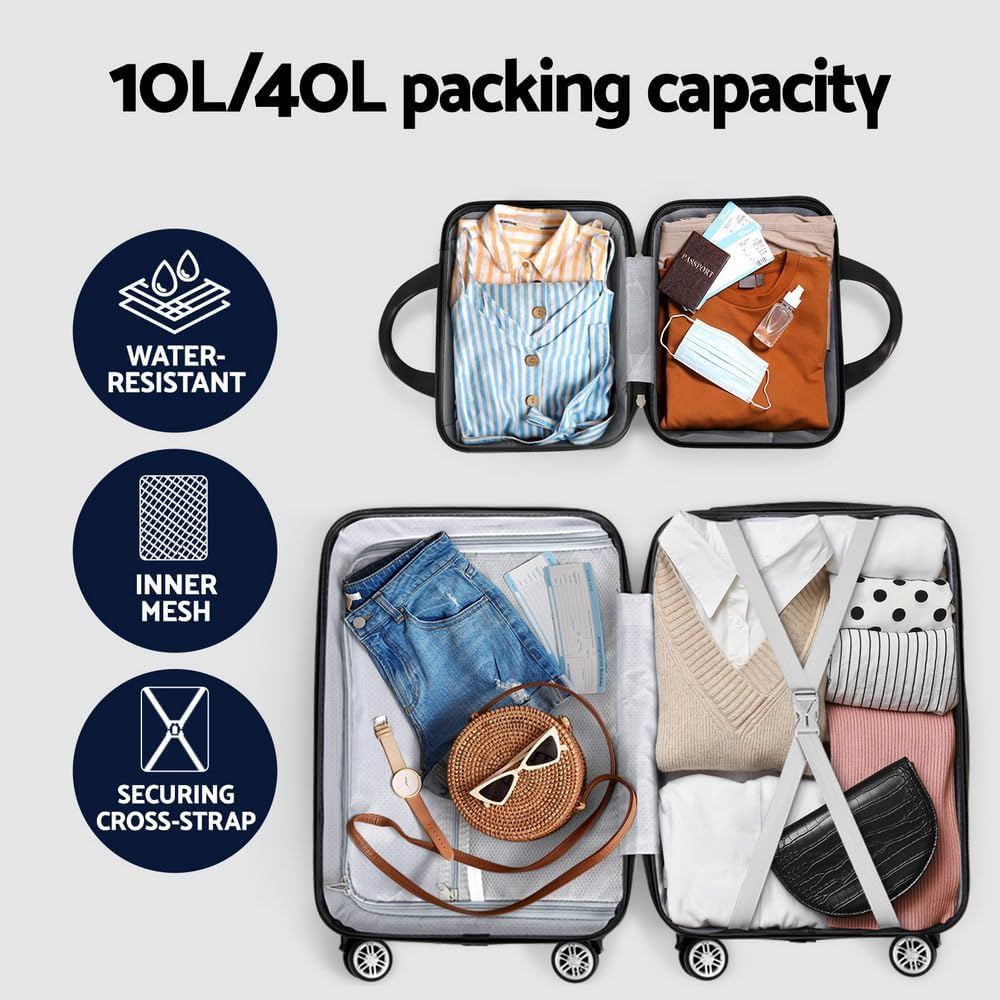 Wanderlite 2Pcs Luggage Set(12/20), Trolley Suitcase Hand Luggages Hard Case Shell, Travel Strap Bag Carry on Adult Kids Lightweight Roller TSA Lock with Wheels Black - Rose Gold image number 3