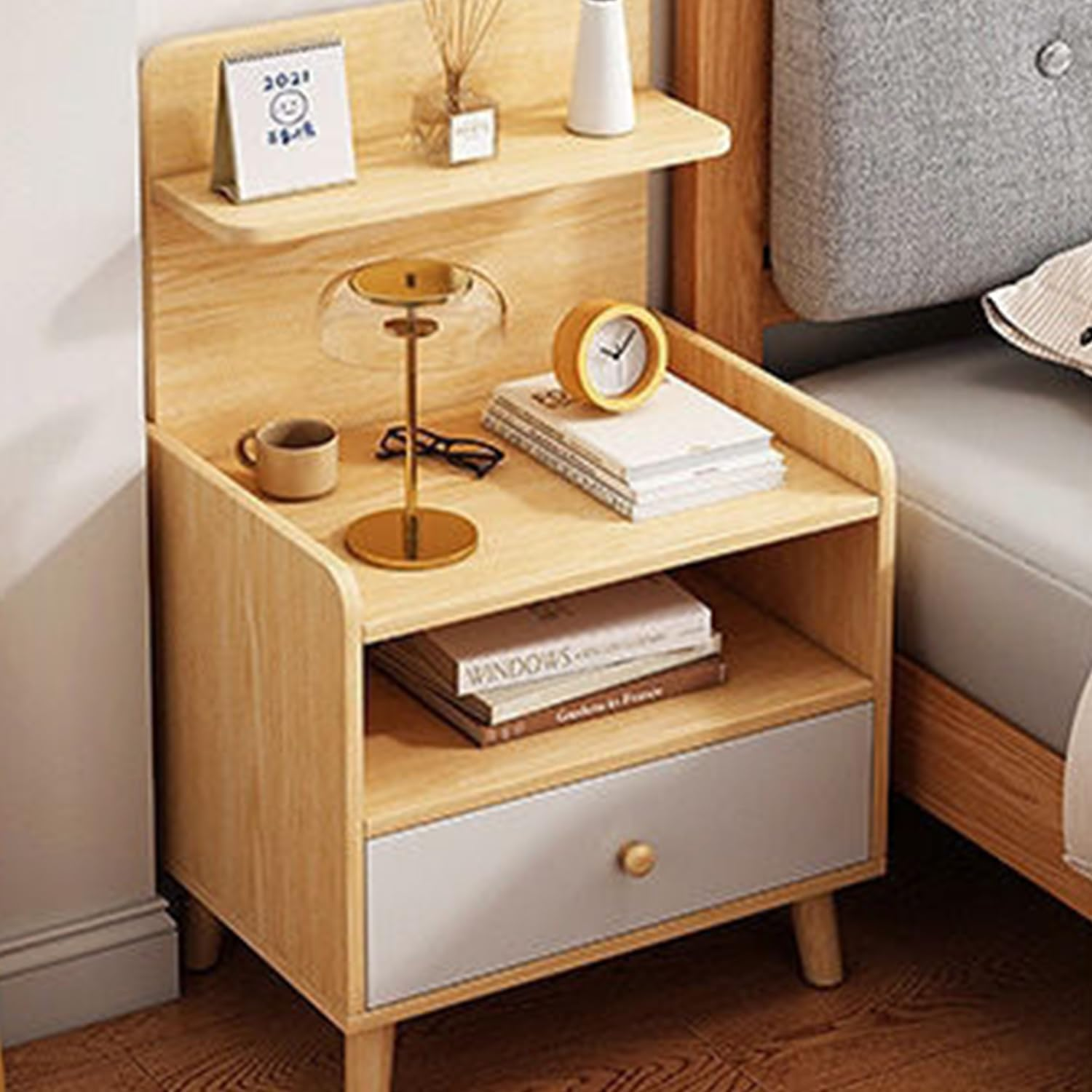 Uandhome Bedside Table with Open Sliding Shelves,Solid Wood Nightstand with Drawers,Modern Nightstands Bedroom Small Bedside Corner Night Stands Narrow Drawers Dormitor Bedroom Furn (Wood) - White image number 2