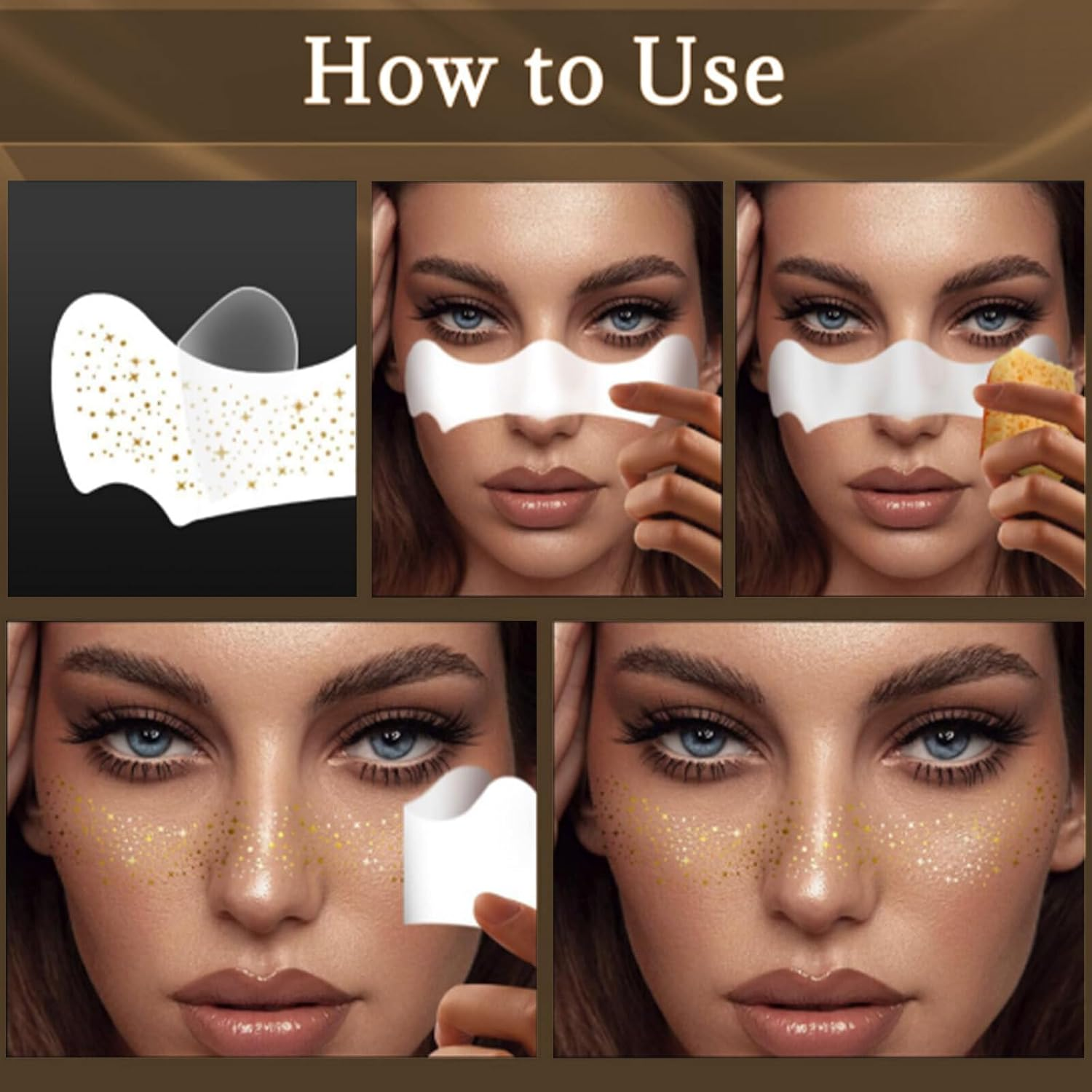 Lyvixora 6Pcs Gold Glitter Freckles Face Makeup Patches, Waterproof Sparkle Makeup Patches for Women, Body Glitter Second Skin Tattoo, Face Speckles for Party & Festival image number 1