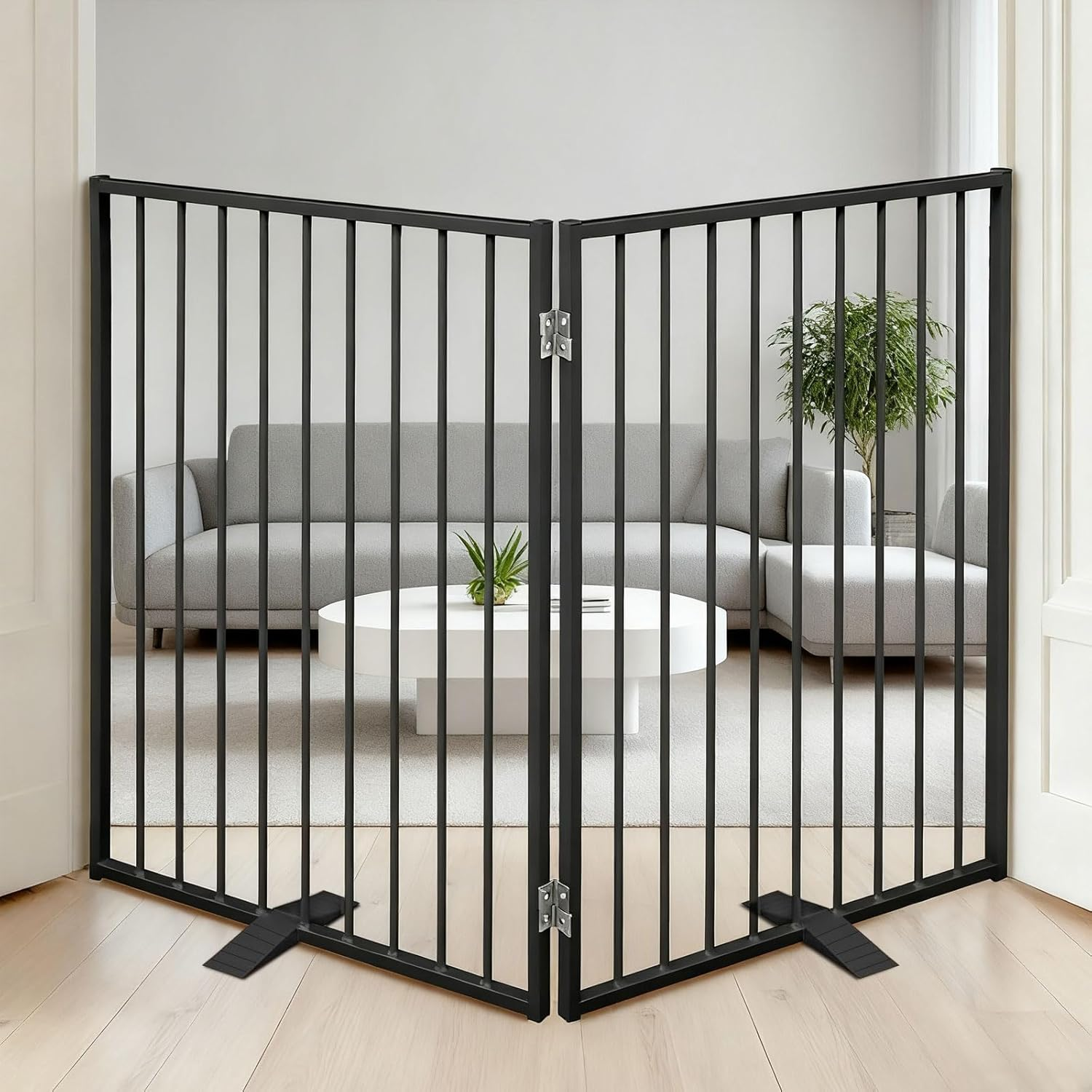 2 Panels Metal Dog Gate for Doorways Folding Pet Barrier, Adjustable Indoor Outdoor Dogs Fence with Support Feet Freestanding Dog Gates Indoor, Black, 132&times;76 Cm image number 5