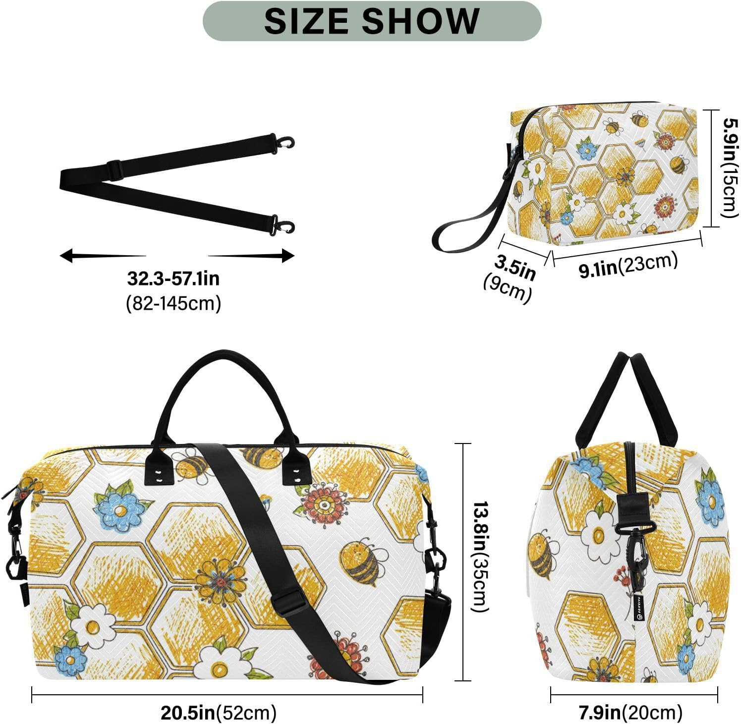 Luggage Travel Bag Weekender Duffel Bag Bees Happy Good Luck and Floral Honeycomb Flower Sports Gym Tote Bag With, Bees Happy Good Luck and Floral Honeycomb Flower, Set of 2, Art Deco image number 2