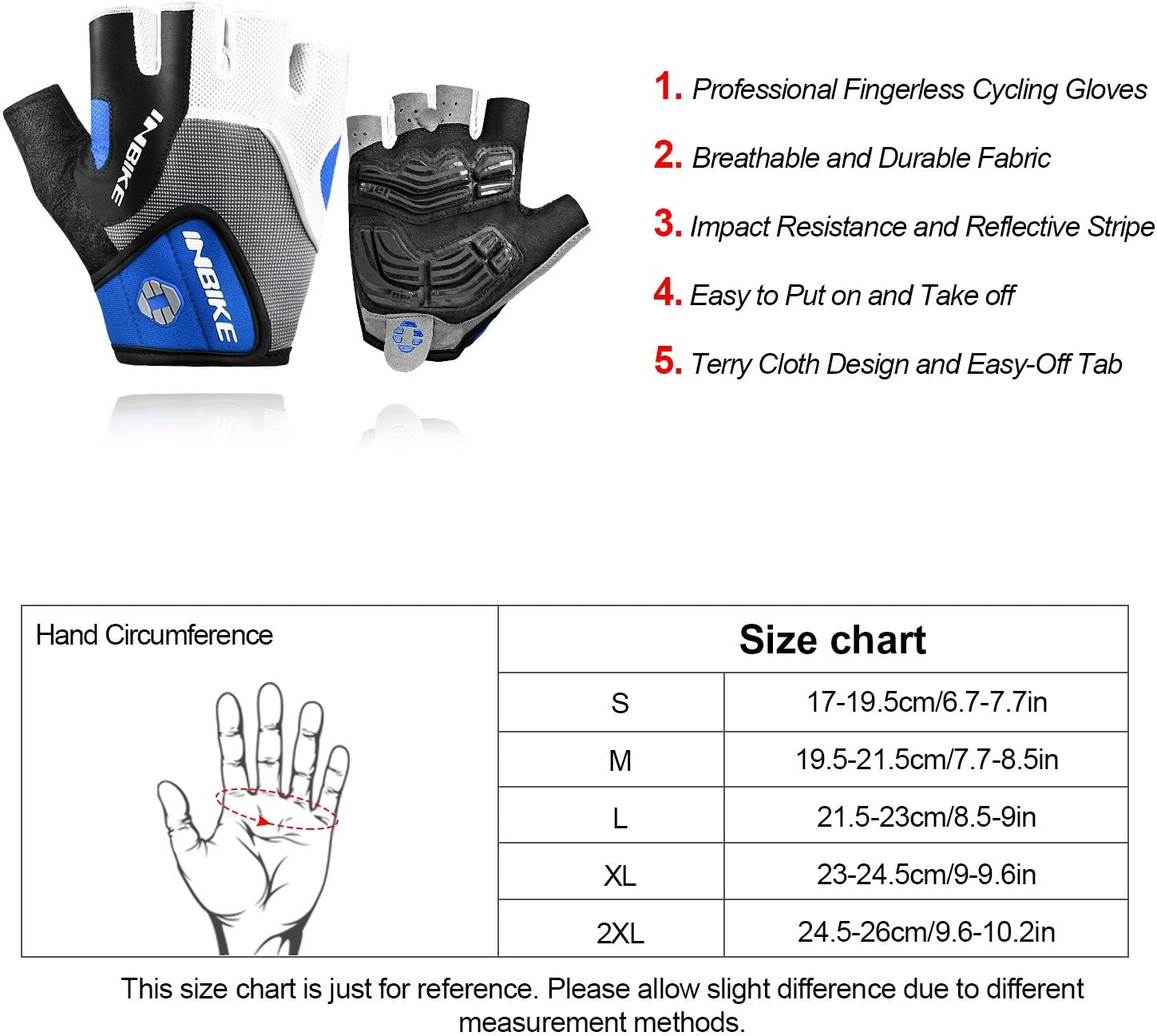 INBIKE 5Mm Gel Pad Half Finger Bike Bicycle Cycling Gloves Blue Medium