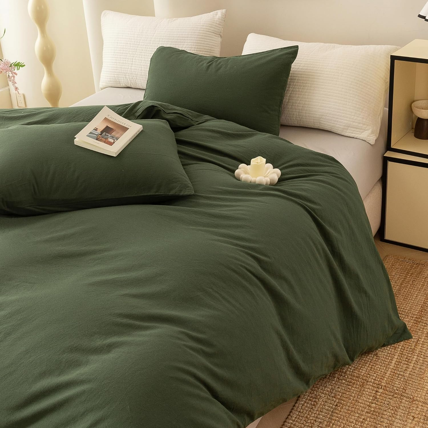 ECOCOTT 3 Pieces Duvet Cover Set Queen 100% Washed Cotton 1 Duvet Cover with Zipper and 2 Pillowcases, Ultra Soft and Easy Care Breathable Cozy Simple Style Bedding Set (Avocado Green) image number 3