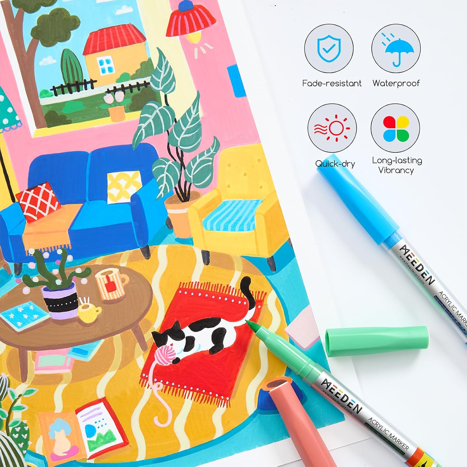 MEEDEN Acrylic Paint Marker Brush Tip: 72 Colors Large Capacity Acrylic Markers with Automatic Ink Control System - Waterproof Paint Pens for Wood, Glass, Rocks, Fabric, Halloween Pumpkin Painting - 48 Colors image number 2