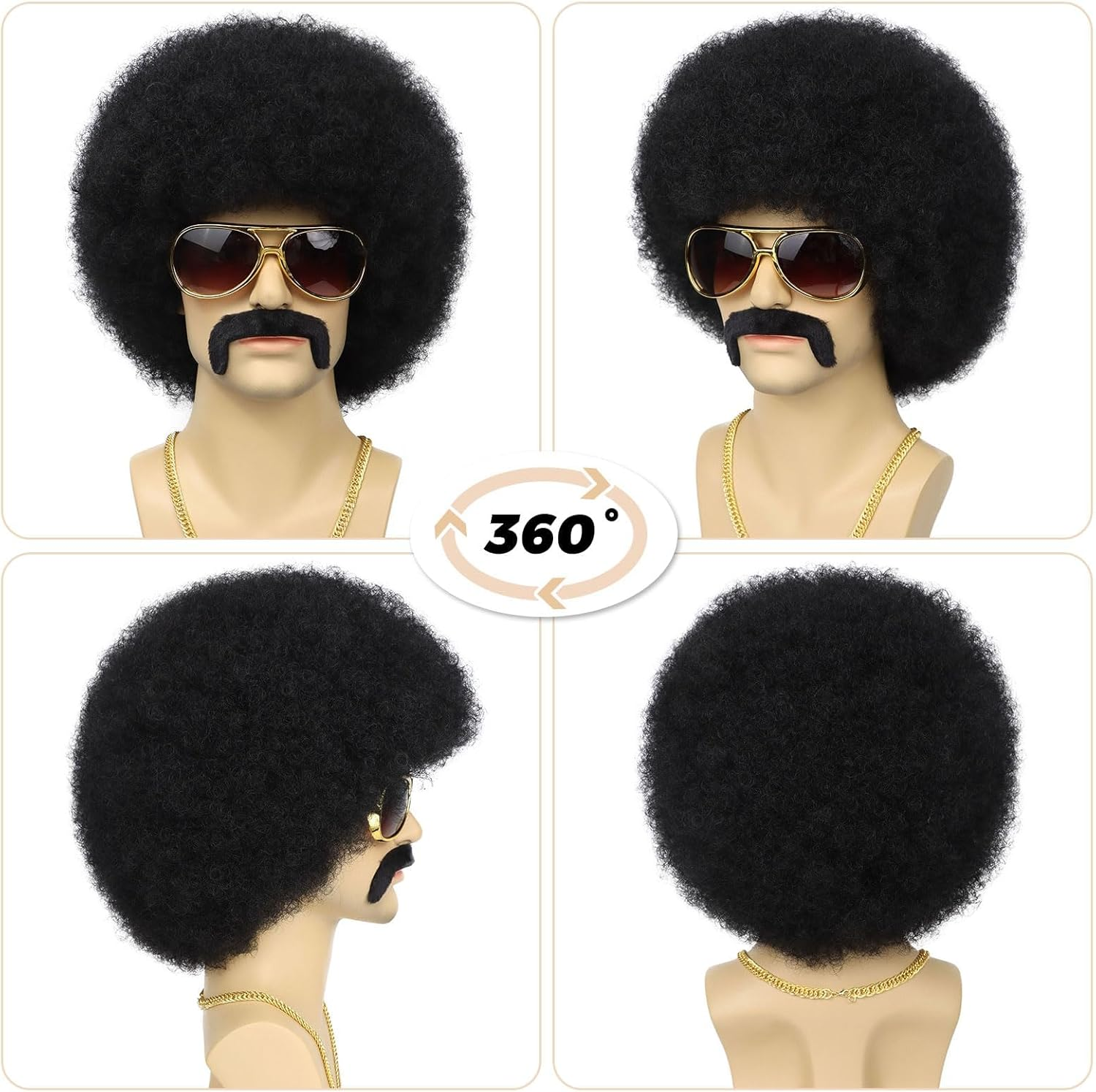 Mens Afro for 70S Rocker Disco Party 5Pcs Set (Wig+ Glasses+ Disco Necklace+ Mustache+ Wig Cap) Afro Puff Wigs for 70S 80S Halloween Costume Cosplay image number 1