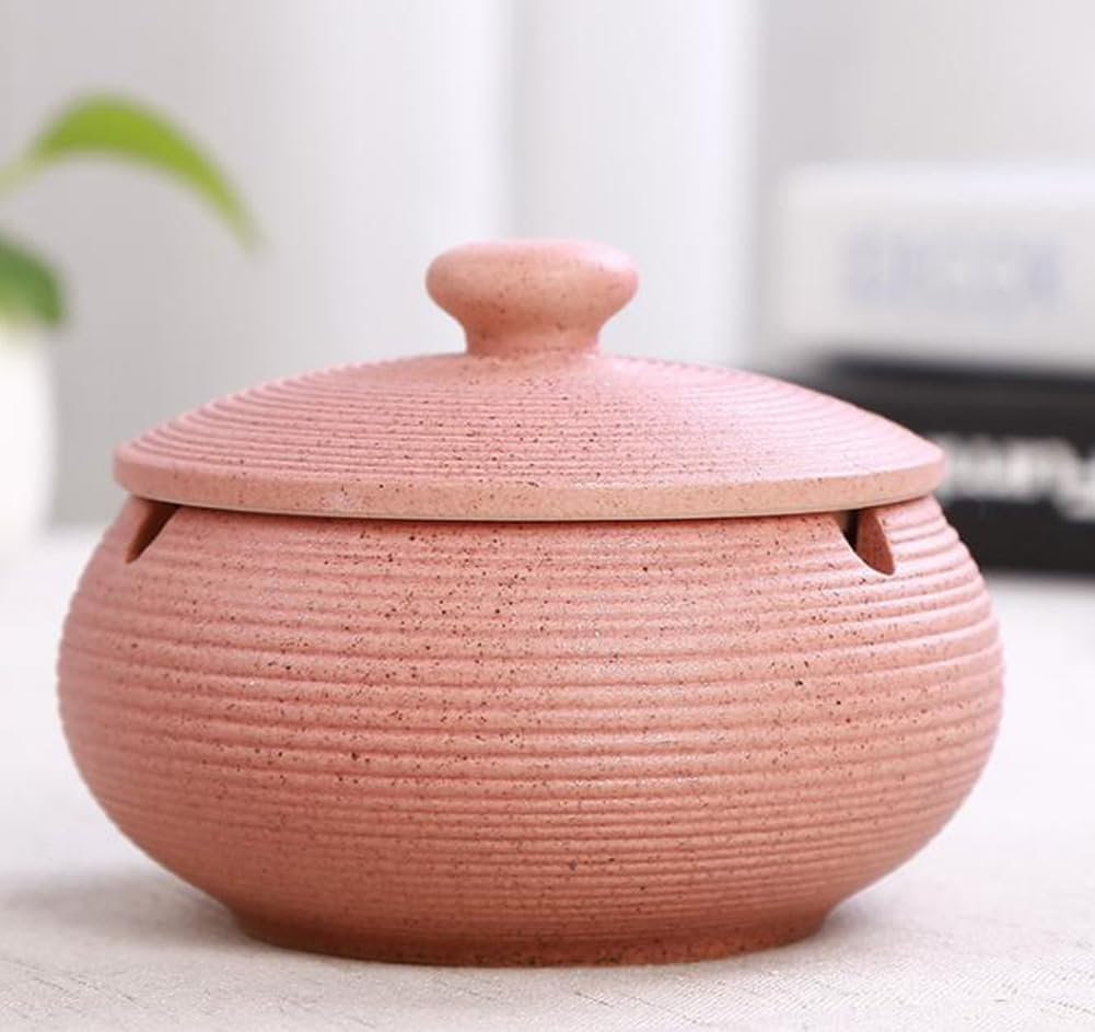 Lependor Ceramic Ashtray with Lids,Windproof,Cigarette Ashtray for Indoor or Outdoor Use，Ash Holder for Smokers,Desktop Smoking Ash Tray for Home Office Decoration - Pink - Black image number 2