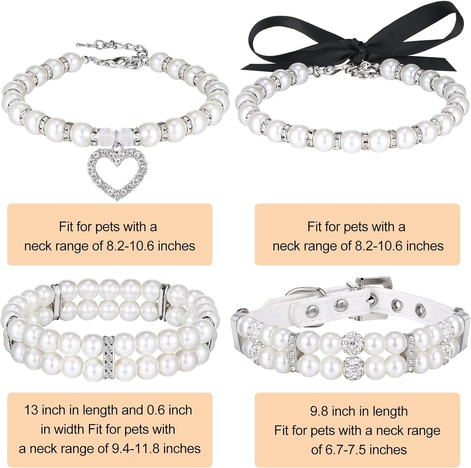 4 Pieces Dog Pearl Collars Pet Pearl Necklace Set Cat Pearl Neck Strap Crystal Rhinestones Pearls Charms for Small Dogs Cats Wedding Birthday Party (Medium) image number 6
