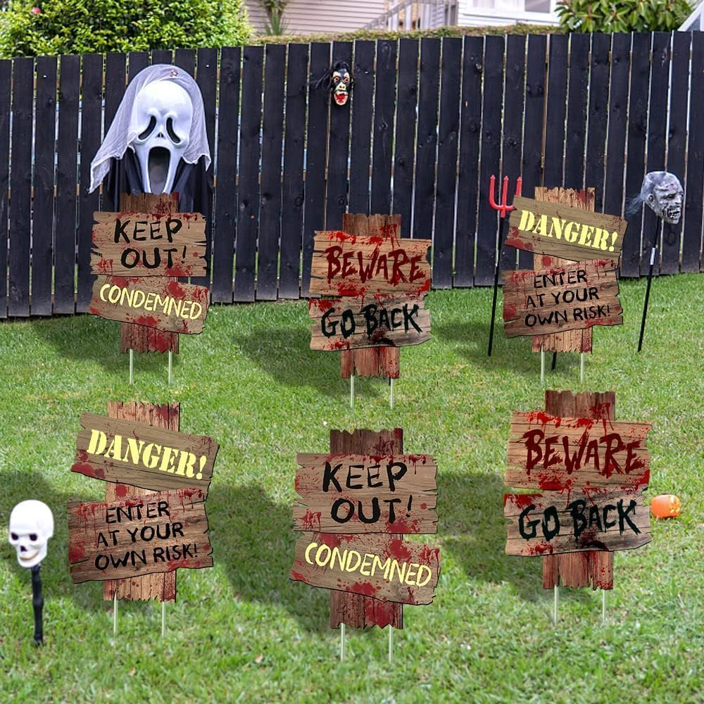 Halloween Decorations Outdoor Beware Yard Signs Stakes Creepy Assorted Warning Sign, Scary Zombie Theme Party Decor Supplies, Halloween Party Decorations, 6 Pieces, 22 X 30 CM (A) image number 4
