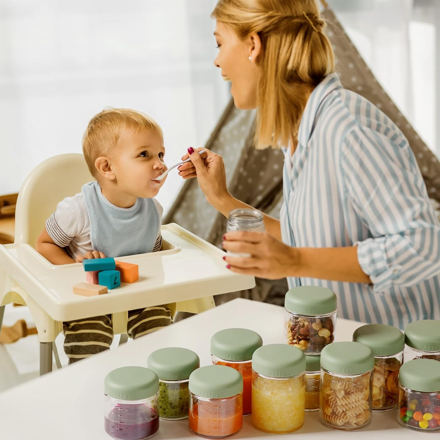 Haakaa Baby Food Storage Containers, Glass Baby Food Storage Jars with Silicone Lid, Baby Food Freezer Storage, 7Oz Baby Food Containers, Freezer Safe Microwave Safe. [4 Pack - Green Cover] image number 1