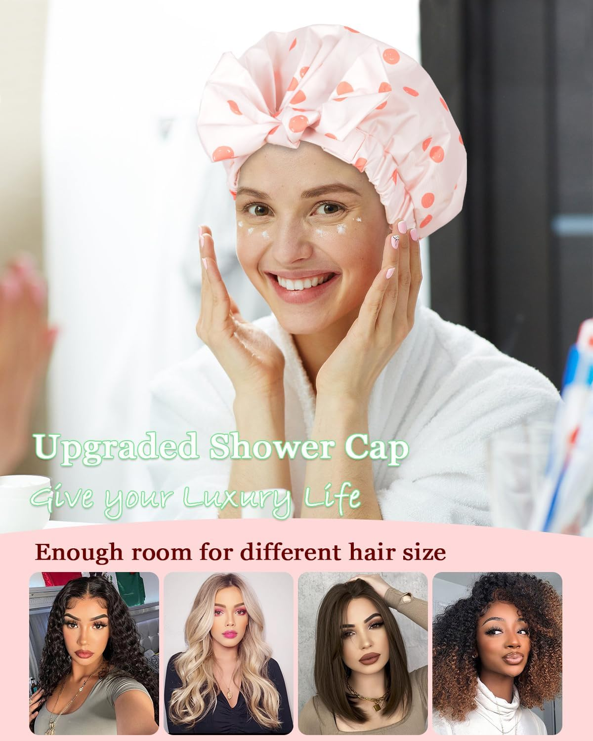 Luvruitaky Shower Cap Luxury Shower Caps for Women Reusable Waterproof Hair Cap for Shower with Adjustable Bowknot Hair Bath Cap (Pink) image number 4
