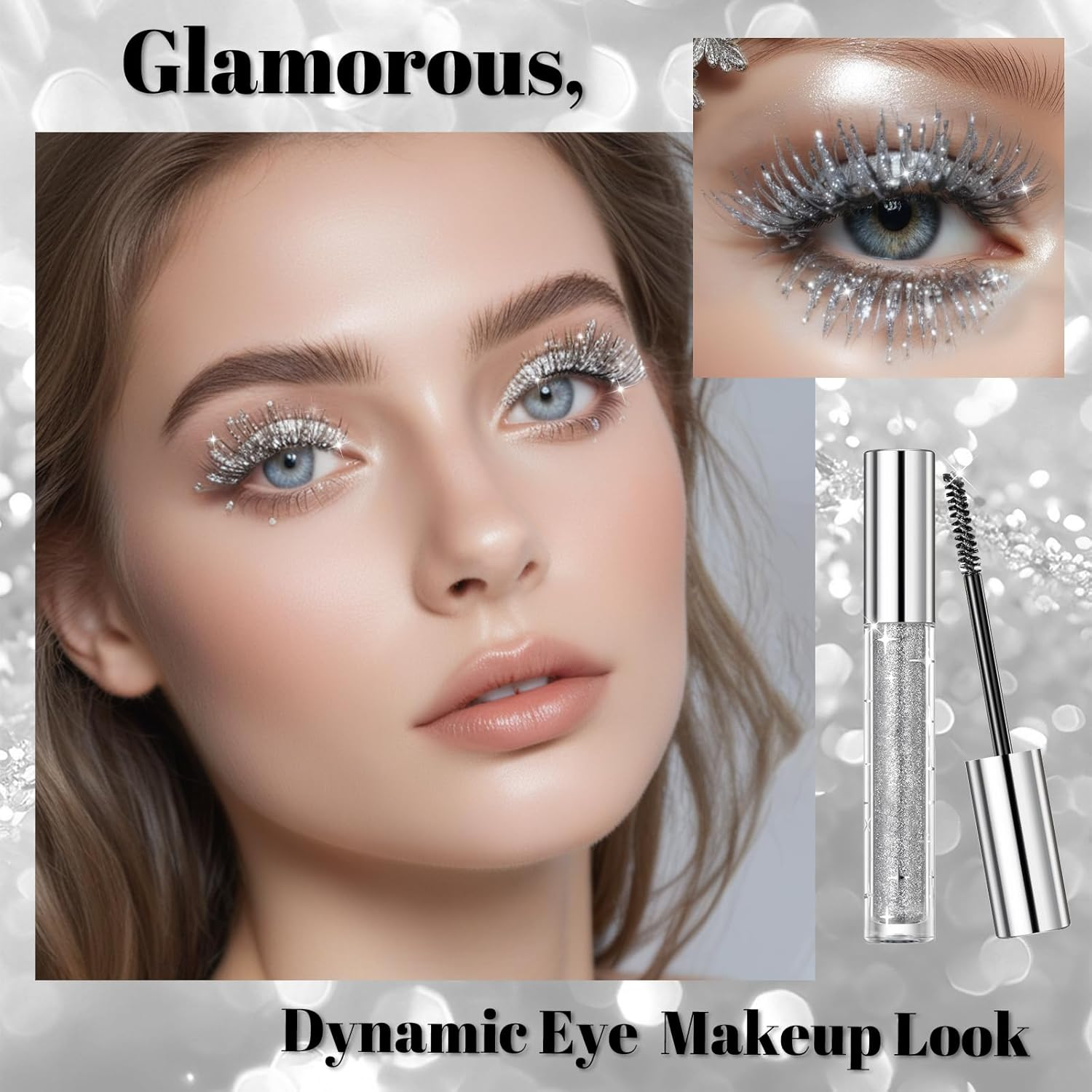 DAGEDA Silver Glitter Mascara, Quick-Dry Diamond Sparkly Mascara for Eyelashes, Long Lasting Curling Volumizing Mascara Makeup, Lightweight Colored Mascara Makeup Suitable for Party,Stage,Festival image number 4