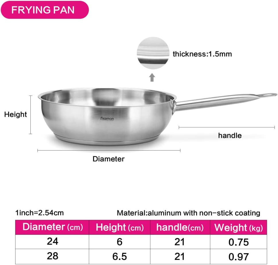 Fissman Deep Stainless Frying Pan 28 Cm, Professional Cookware with Induction Bottom, Compatible with Gas, Electric and Glass-Ceramic, Silver (1 Deep Frying Pan, 24 Cm)