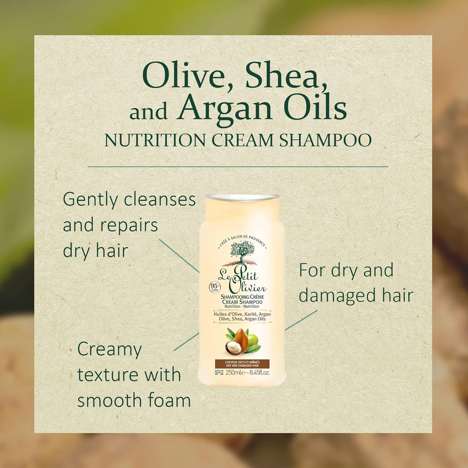 Le Petit Olivier Nutrition Cream Shampoo - Olive, Shea, Argan Oil - Nourishes and Repairs Dry and Damaged Hair - Enriched with Natural Ingredients - Free of Silicone, Sulfate, Paraben - 8.45 Oz image number 2