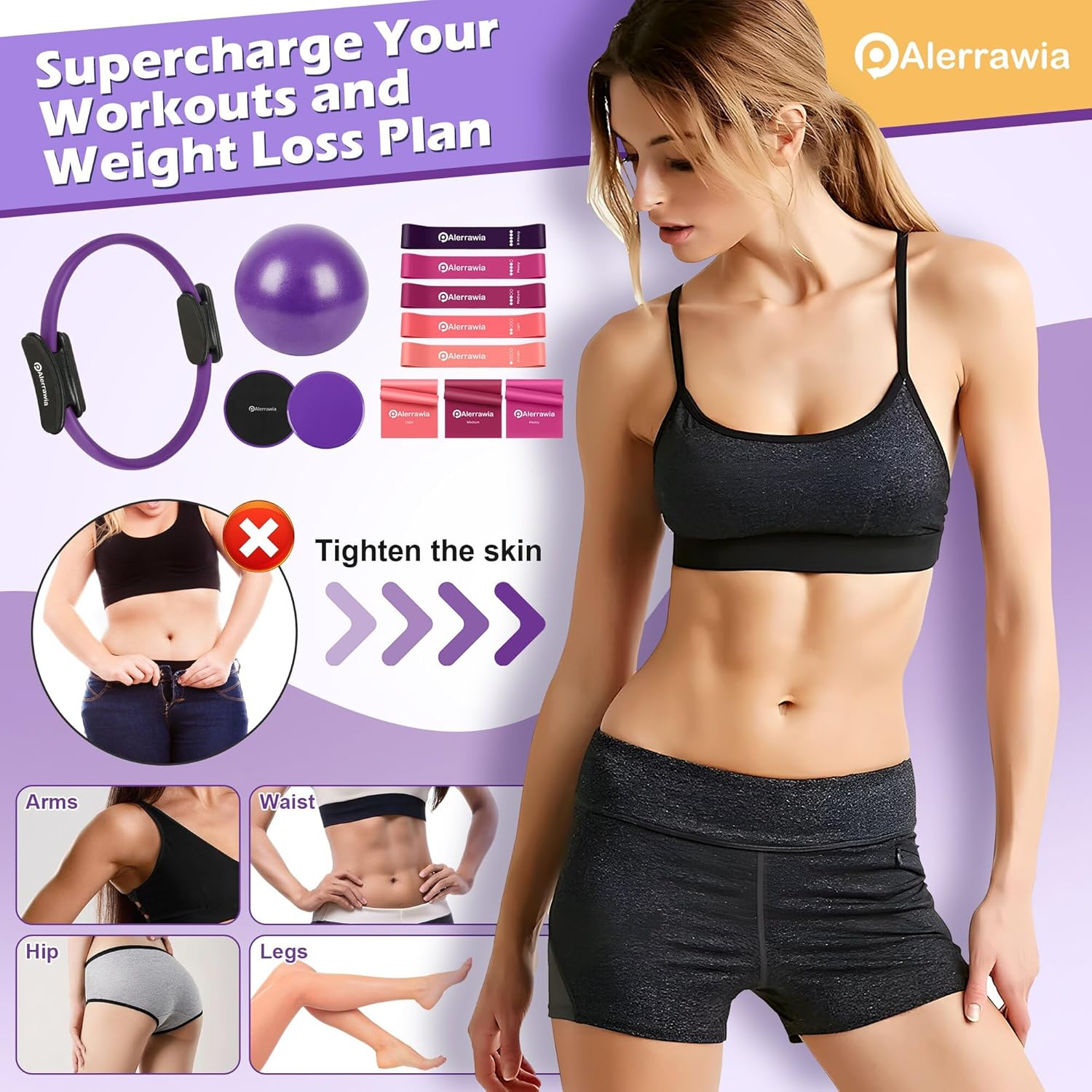 Alerrawia Pilates Ring Set-For Home Exercise - Anti-Deformation Magic Circle with Padded Handles.Sliding Disc.Resistance Bands 8-Piece Set,Ball. Guide & Bag - Purple image number 3