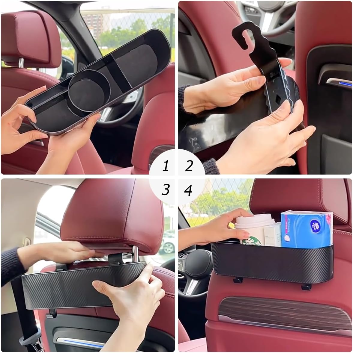 BELOMI Car Headrest Backseat Organizer with Cup Holder, Seat Back Hanging Storage Box with Hooks, Multi-Functional Drink Pocket Food Snack Phone Tray for Kids, Car Travel Accessories (Black)