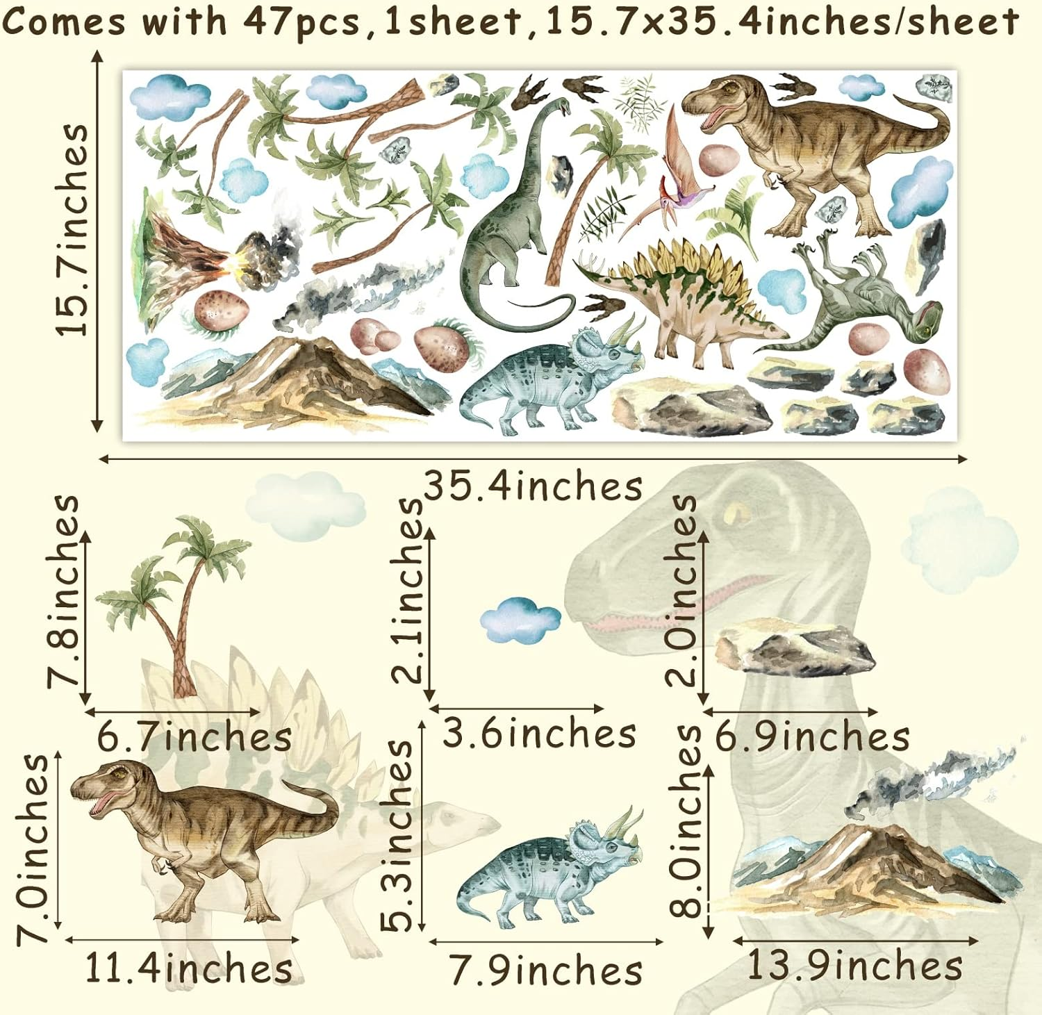 Barri Design Large Watercolor Dinosaur Wall Decals Creative Animal Dino Peel and Stick Mountain Forest Big Dinosaur Stickers for Boys Room Kids Bedroom Toddler Classroom Nursery Decor - Dinosaur B image number 5