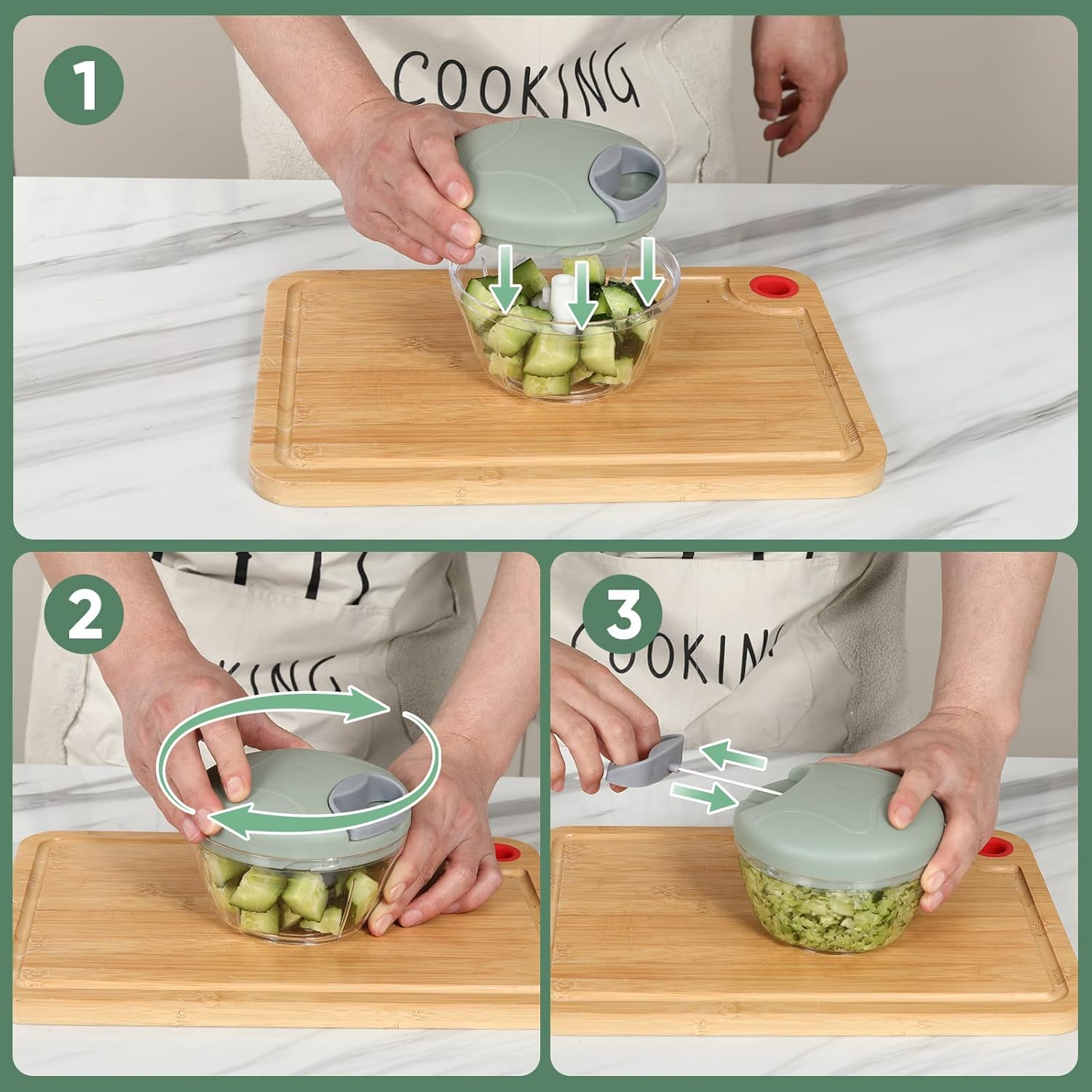 Manual Food Chopper Vegetable Chopper, 500ML Garlic Mincer Hand Pull String Onion Cutter for Veggies, Meat, Ginger, Peppers, Fruits, Nuts, Herbs(Green) image number 4